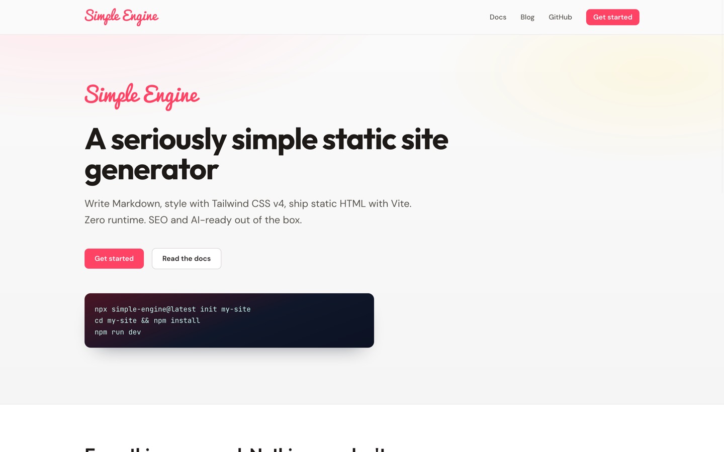 Screenshot of the Simple Engine homepage