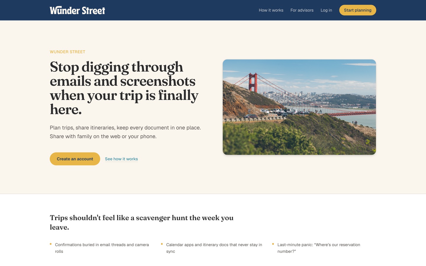 Screenshot of the Wunder Street trip planning homepage